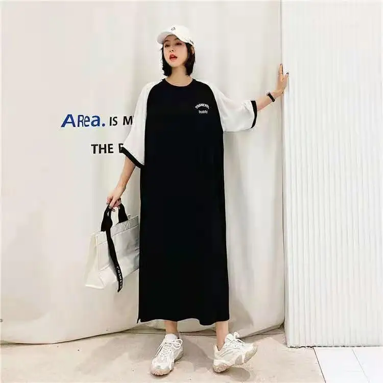 

Женское свободное контрастное платье большого размера, женская летняя футболка в Корейском стиле с коротким рукавом, длинная футболка