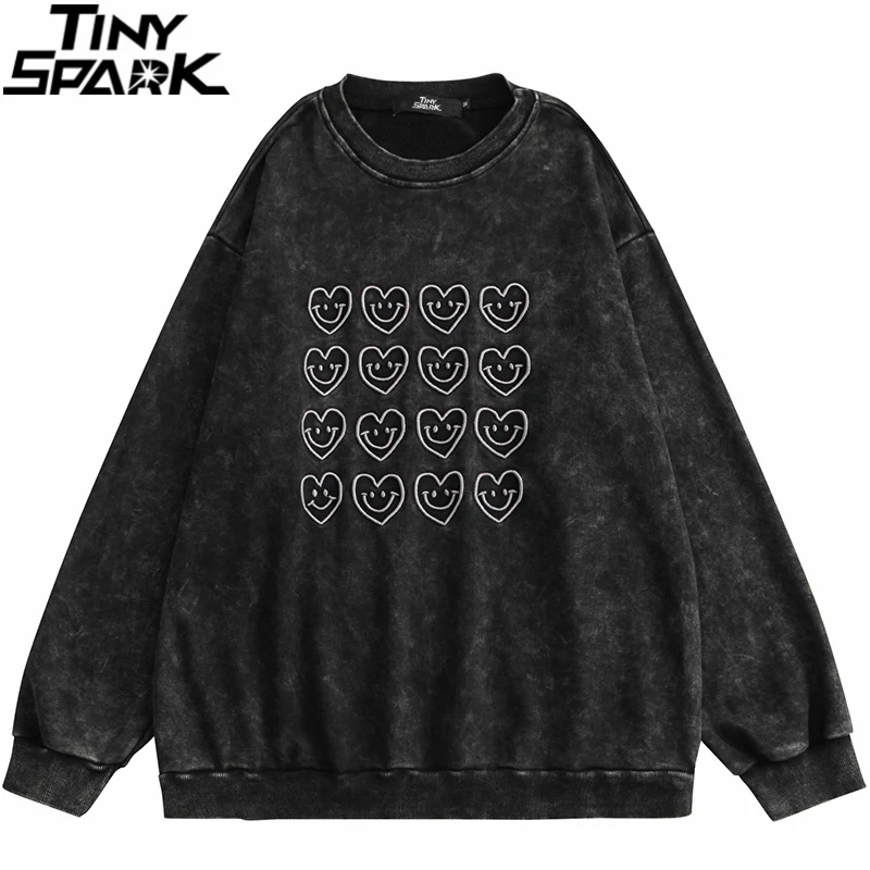 

Washed Sweatshirt Hip Hop Pullover Streetwear Embroidery Heart Harajuku Pullover 2021 Men Autumn Cotton Casual Sweat Shirt Black