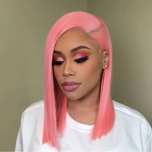 

Favorite Pink Human Hair Brazilian Wig Short Bob Wigs Pre Plucked 180 Density