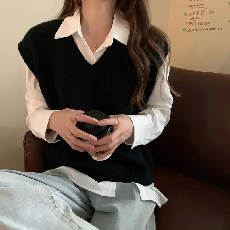 

Черный вязаный жилет, женская одежда, свободный свитер с V-образным вырезом без рукавов, жилеты, женский осенне-зимний Свитер оверсайз, жилет...