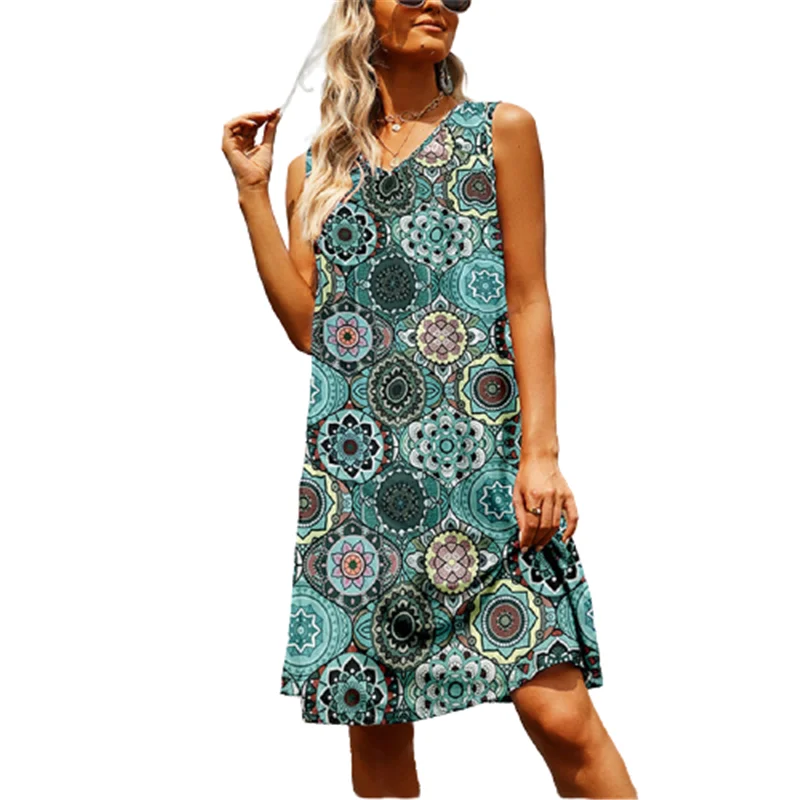 

2022 New Summer Dress Women Beach Sleeveless V-neck Loose A-line Dress Sundress Vintage Print Casual Tank Dress Female Vestidos