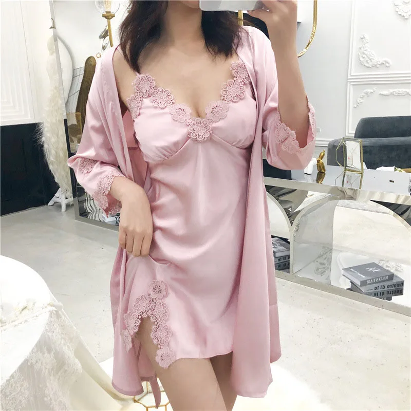 pink 2 pcs Зимняя Новая мода 4 шт. пижамы для женщин атласные шелковые пижамы наборы sexyl ace халат платье набор Femme сексуальная пижама с нагрудной накладкой - Цвет: pink 2 pcs