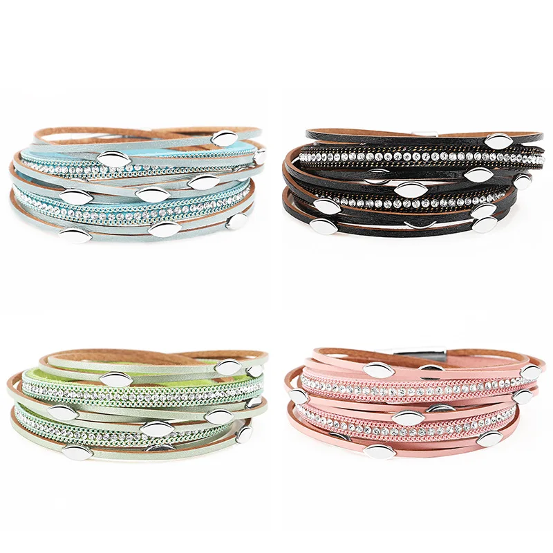 Модный женский кожаный браслет с магнитными застежками украшение Стразы