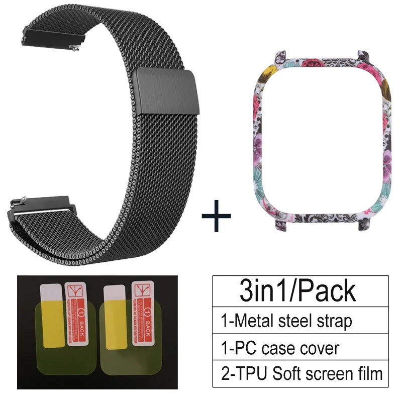 black-Flower C 3 в 1 Аксессуары для Amazfit GTS ремешок с чехол металлический Миланский Браслет для Huami Amazfit GTS Band Защитная пленка для экрана - Цвет: black-Flower C