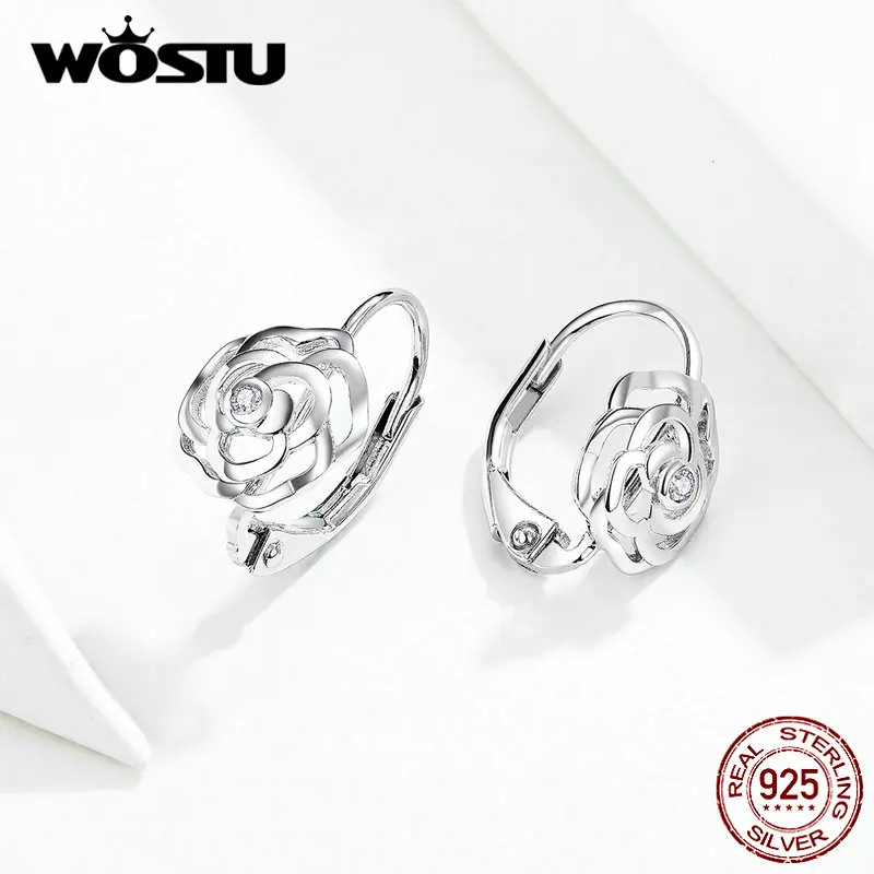 WOSTU серьги-капли в виде цветка розы, 925 пробы, серебро, циркон, изящные Висячие серьги для женщин, Свадебные Роскошные ювелирные изделия FIE745