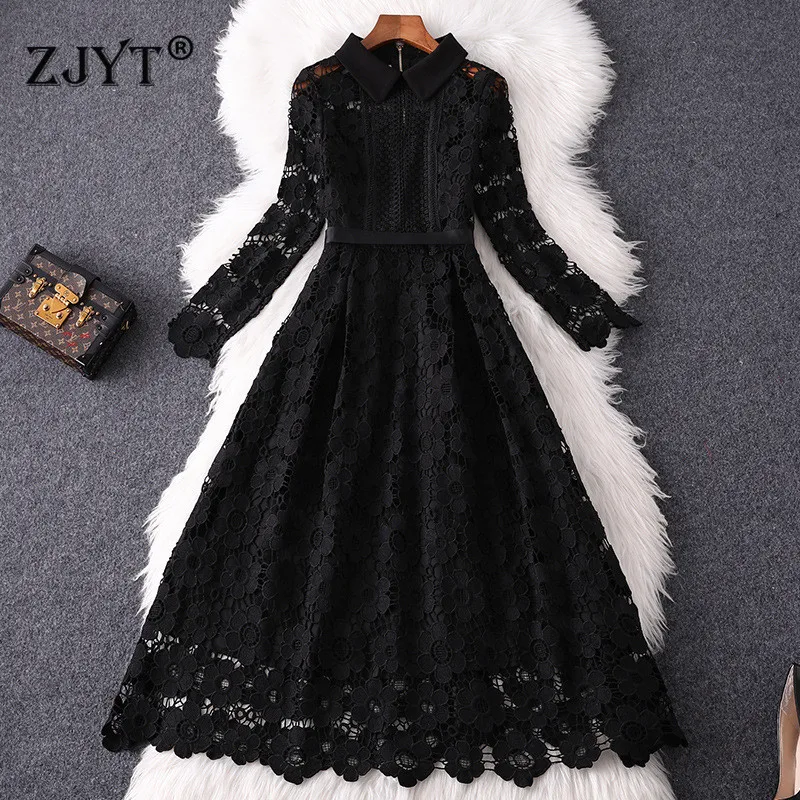 Женское кружевное платье с длинным рукавом черное ажурное водорастворимым