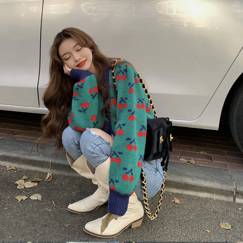 

Sweet Kawaii Cherry Printed Sweater Women Japanese Korean Style Short Knitting Cardigan Sweater Soft Girl Full Sleeve Sweaters
