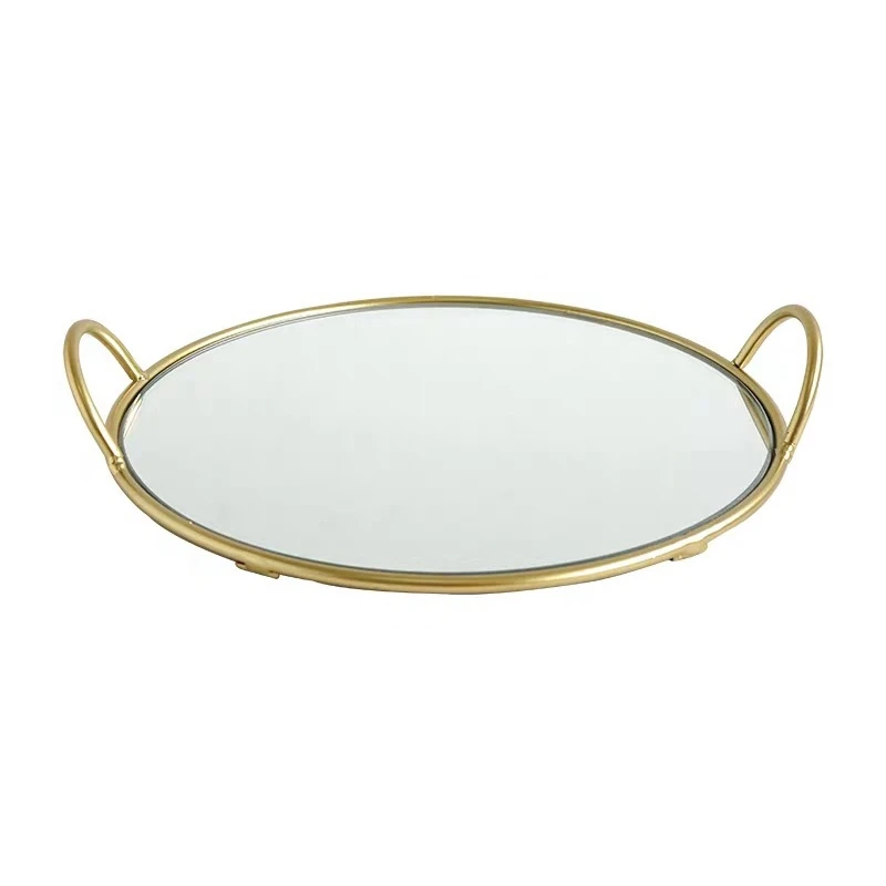 

Brass Handle Storage Tray Glass Mirror Jewelry Display Tray Gourmet Photo Plate Crafts Gift Home Living Room Decorations