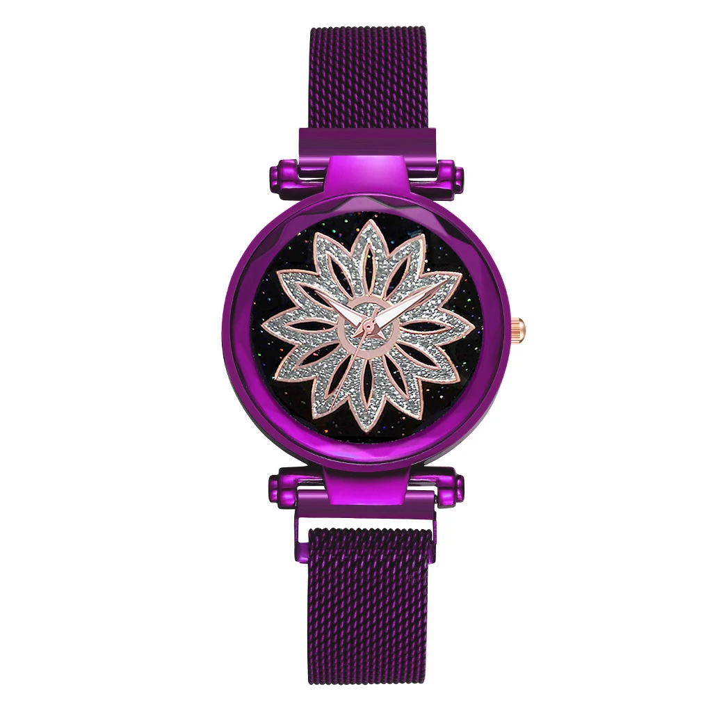 purple Горячая Мода женские Цветочные Стразы Наручные часы женские роскошные повседневные розовое золото Сталь Кварцевые часы Relogio Feminino магнитные часы - Цвет: purple