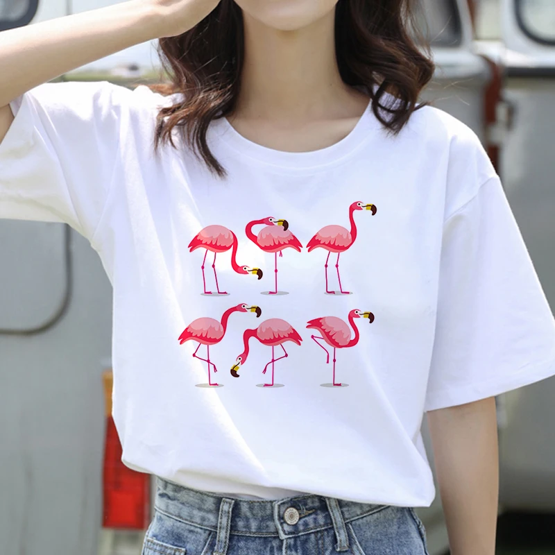 

Women Flamingo Cartoon Print Female Tshirt 90s Short Sleeve Graphic Tees women Funny Harajuku T-shirt Harajuku tee tops