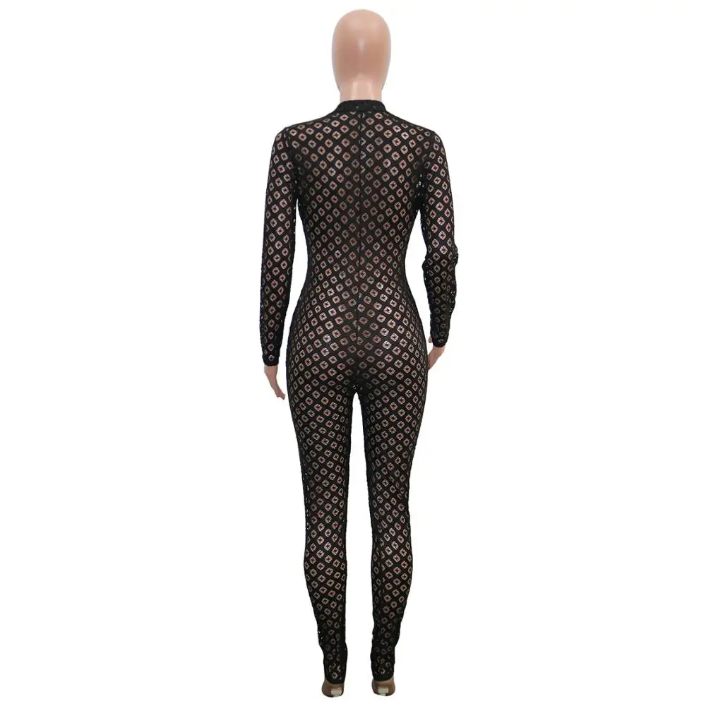 Adogirl Women Sexy Hollow Lace See Though Jumpsuit Black Long Sleeve Zipper Up Skinny Romper Club Party One Piece Set Playsuit