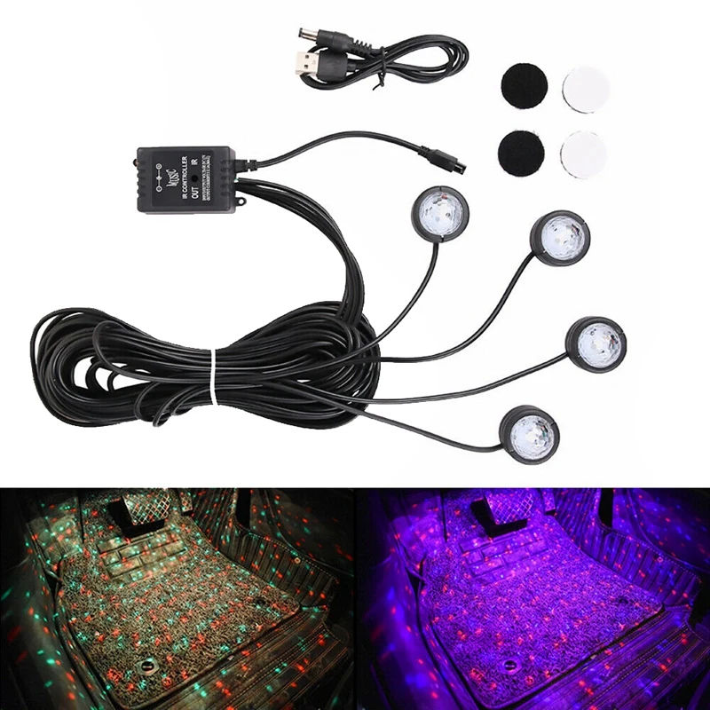 

USB LED Car Interior Atmosphere Neon Lights Strip Sound Music Control Floor Decor Light (4Pcs in One Set)