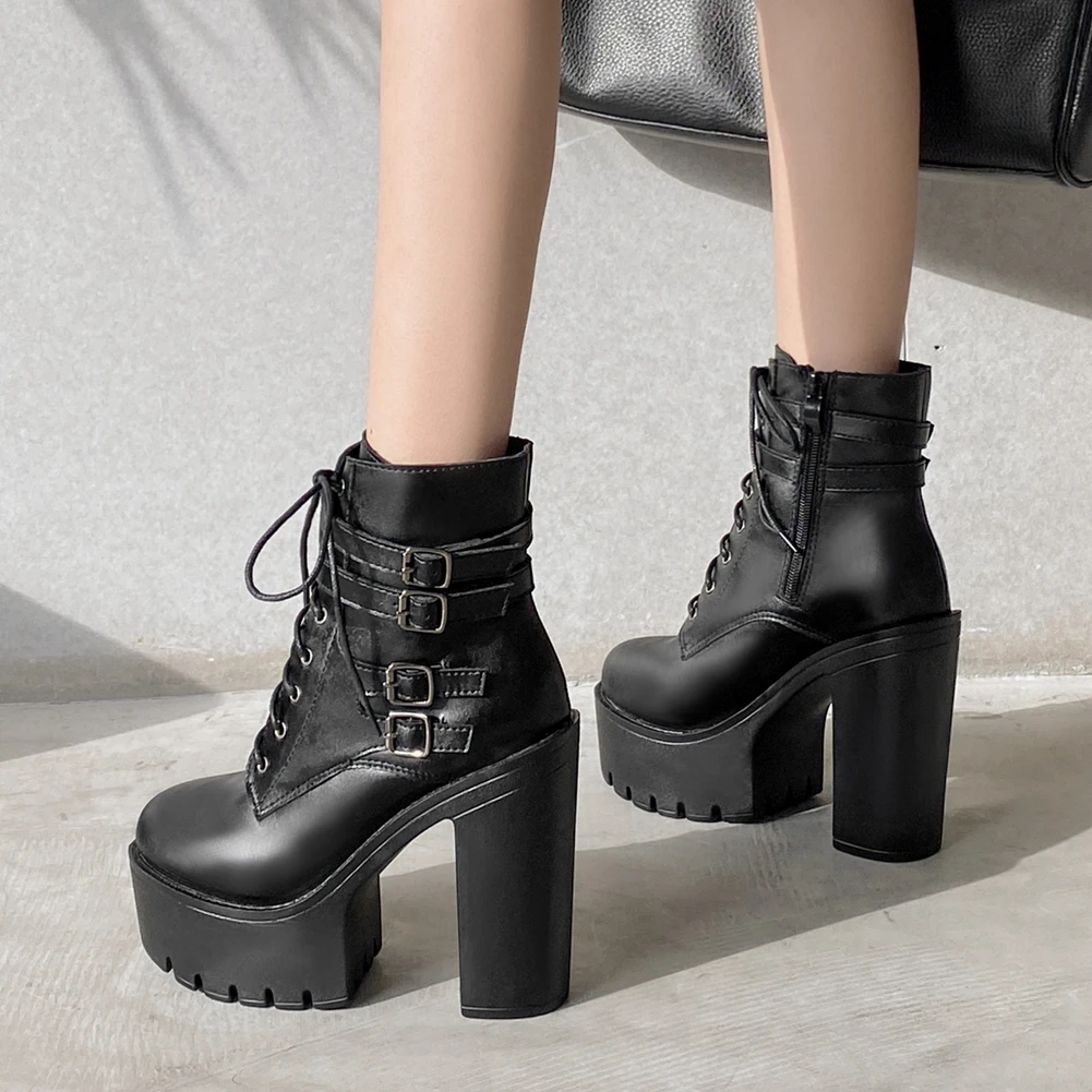 

BONJOMARISA New Arrival Female Boots Balck Lace Up Zipper Platform Ankle Boots Women Square High Heel Cool Fshion Shoes Woman