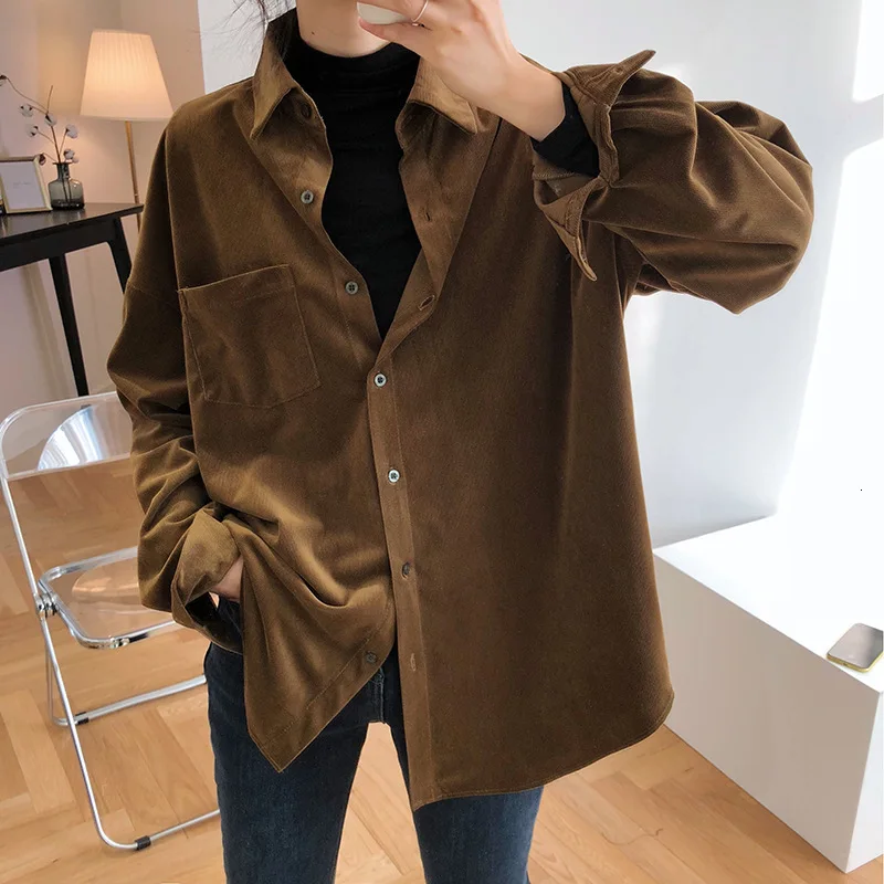 Модная Вельветовая женская рубашка с длинным рукавом свободная винтажная