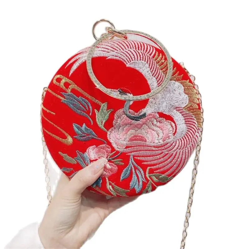 

2022 Women Embroidery Round Shaped Wedding Bags Chinese Style Crane Party Dinner Clutch Diamond Handel Wallets MN1579