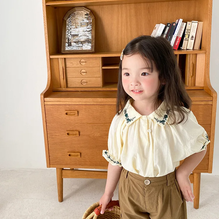 

Koodykids Summer Kids Girls Vintage Shirts Embroidery Green White Shirt Short Sleeve Little Princess Shirts 1-7 Years