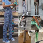 Повседневные винтажные трикотажные брюки Y2K с высокой талией, клетчатые длинные брюки, женская трикотажная одежда в клетку с рисунком ромбиками, джоггеры, уличная одежда в стиле бойфренда