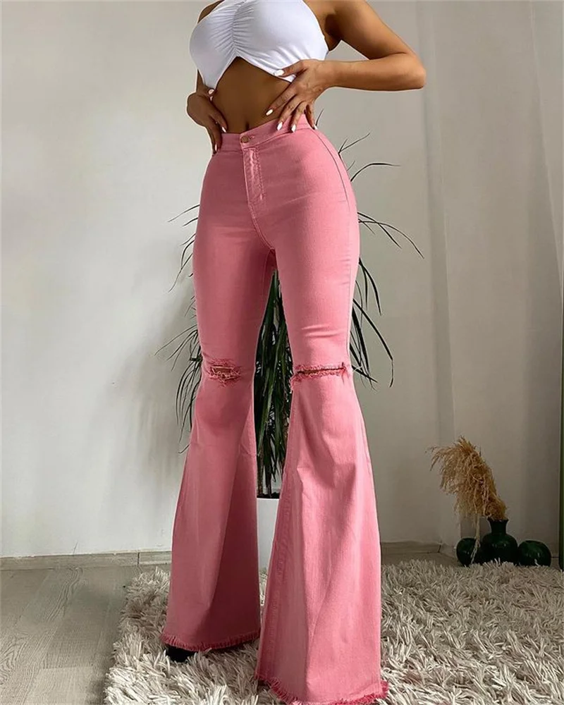 

Women Denim Flared Pants Fashion High-waisted Version with Hollow Decoration Solid Color Tight Summer Clothing Pink/Blue/Purple