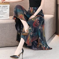 summer middle aged women pants high waist large size national style womens wide leg pants lady cotton silk printed skirt pants