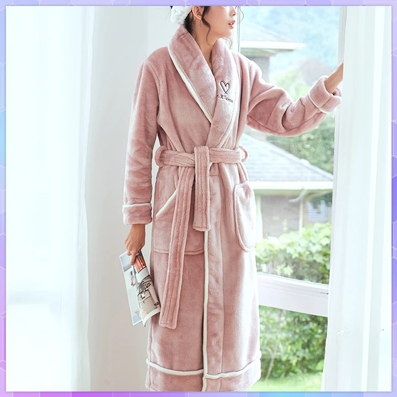 

Solid Winter Warm Robes Women's Nightgowns Thick Bathrobe Female Coral Fleece Kimono Sleepwear Home Clothes Dressing Gown