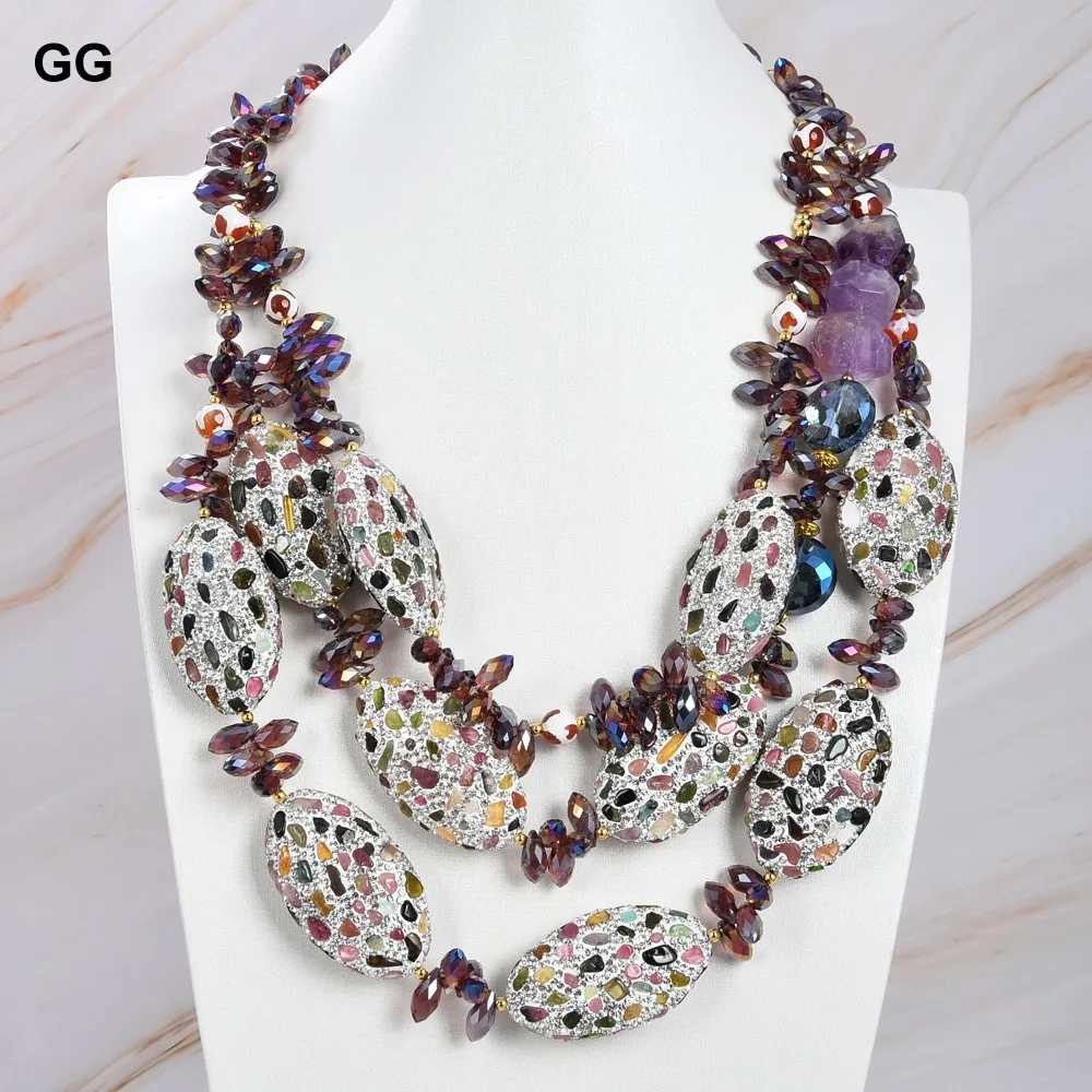 

GG Jewelry 21'' 3 Strands Colorful Top-drilled Teardrop Crystal Necklace CZ Pave Tourmalines Beads Connector Vintage Necklace