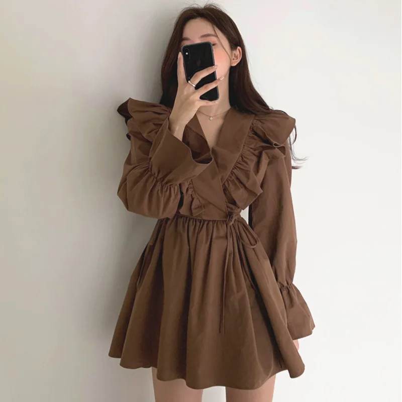 

Korean Chic One Piece Dress Early Spring V-neck Sexy Dress Women Cross Ruffle Lace Up Waist Flared Sleeve Short Small Dress