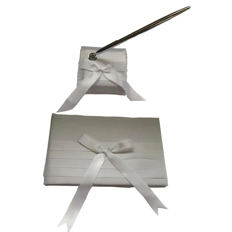 Bow Decor Guest Book Guestbook Classic White Ribbon Design with Sign Pen Hardbound In for Wedding 1Set | Дом и сад