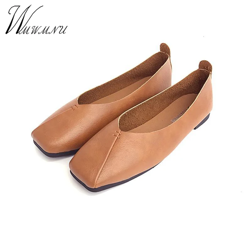 

PU Leather Flat Shoes Women Leather Breathable Soft Loafers Casual Square Toe Slip On Flats 2020 Fashion Ladies Shoes Black