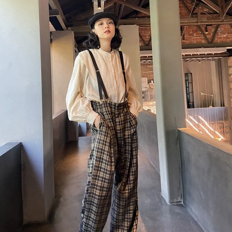 women sets plaid mopping jumpsuits long sleeve stand collar white shirts retro females 2 pecs vintage streetwear spring harajuku free global shipping