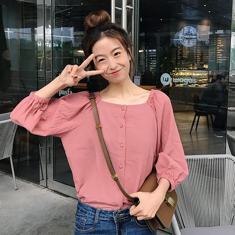

loose pink lantern sleeve three quarter sweet square collar ladies tops Spring and autumn Korean style Women's Clothing Shirts
