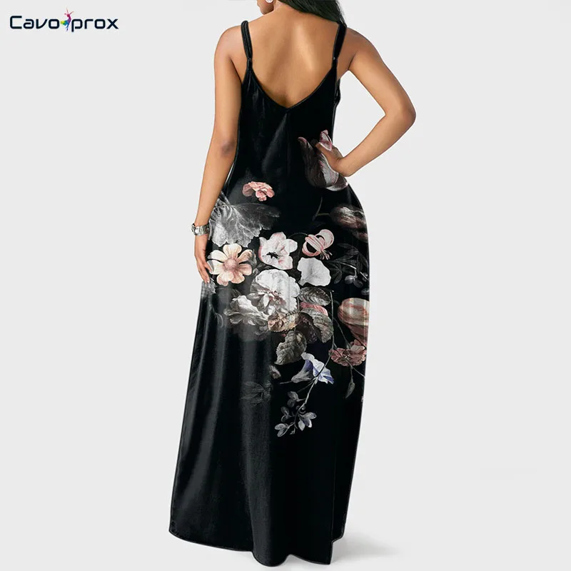 Женское платье на бретельках с цветочным принтом без рукавов длина до пола