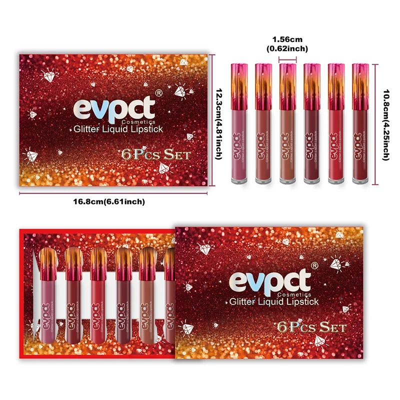 

6 Pcs/Set Liquid Lipstick Set Diamond Shimmer Glitter Lip Gloss Waterproof Long Lasting Lipstick Not Stick Cup Lip Glosses Kits
