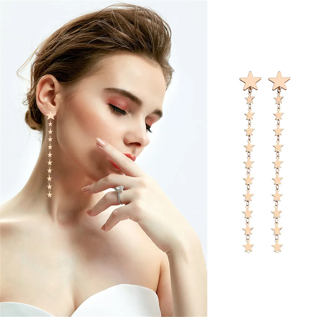 Женские длинные серьги со звездами гипоаллергенные модные золотые женские