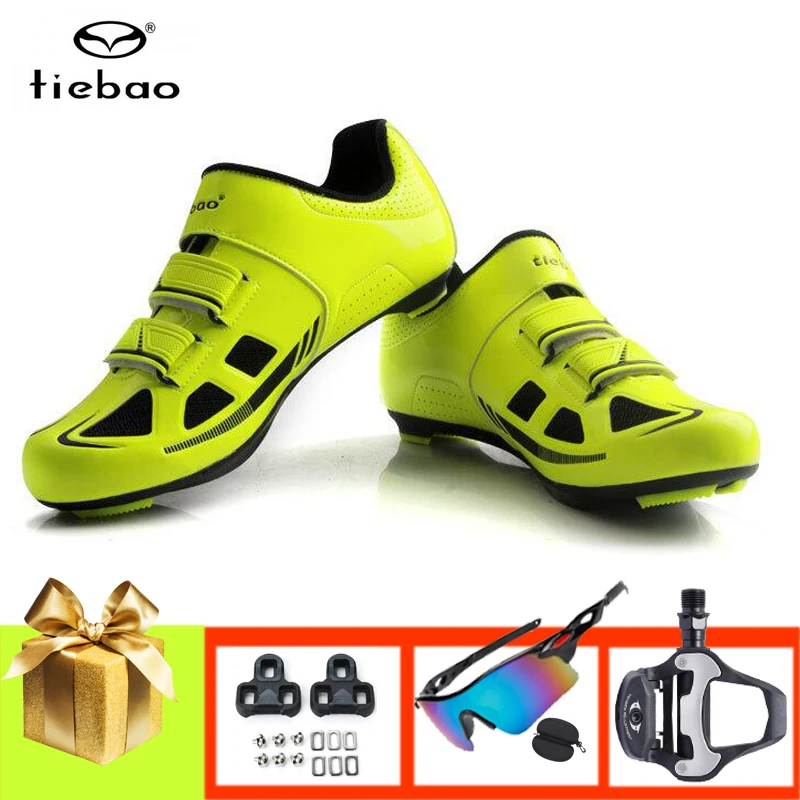 TIEBAO Road Cycling Shoes Men Women Zapatillas Ciclismo Breathable Self-locking Racing Bicycle Flat Sneakers Add Pedals Glasses