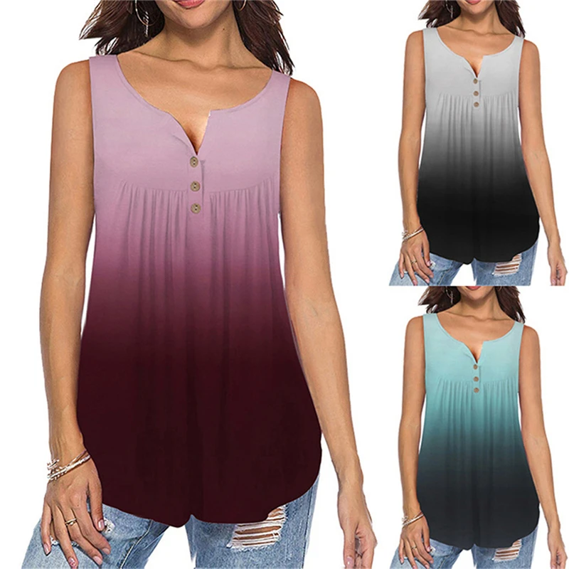 

New Women Loose Sleeveless T Shirt Women Sexy Slim O-Neck Tee Shirt Fashion Gradient Color Tops For Ladies