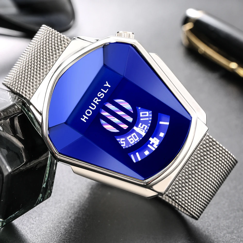 

Business Luxury Watch for Men Geometric Locomotive Quartz Watches 2021 Stainless Steel Mesh Strap Wristwatch Reloj Hombre