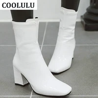 coolulu 2022 women patent leather ankle boots chunky high heel gogi boots square toe block heeled fashion winter boots shoes
