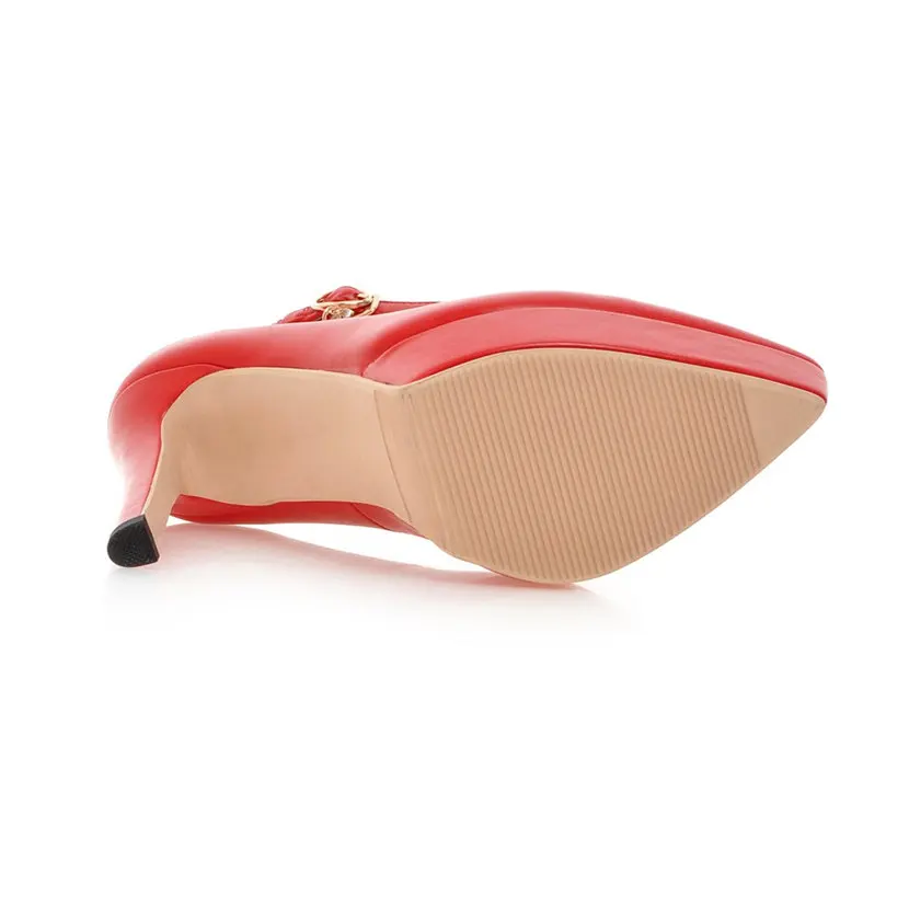 2021 Women Platform Pumps 13cm High Thin Heels Black Beige Pink PU Wedding Party Office Lady Pointed Toe Ankle Strap Dress Shoes