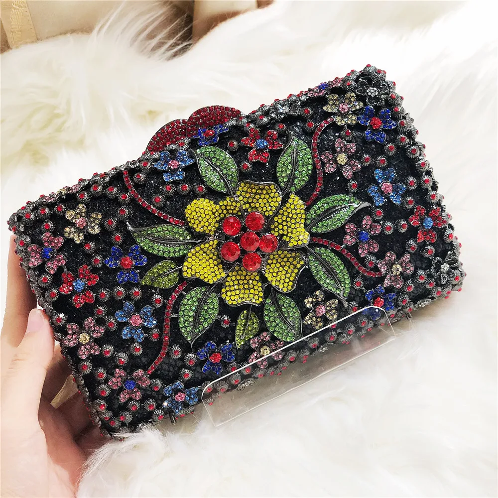 newest ladies with diamond flower clutch hand bag luxury crystal wedding party evening bag ladyise purse stone bag - Цвет: Черный