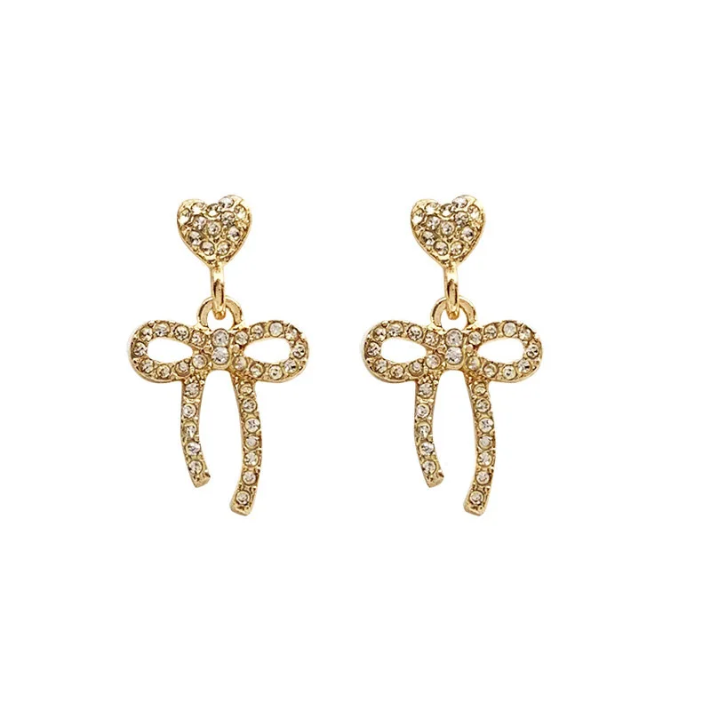 

TIMEONLY Creative Bowknot Love Heart Stud Earrings Shinning Rhinestones for Women Ladies Hollow Metal Jewellery Party Gift