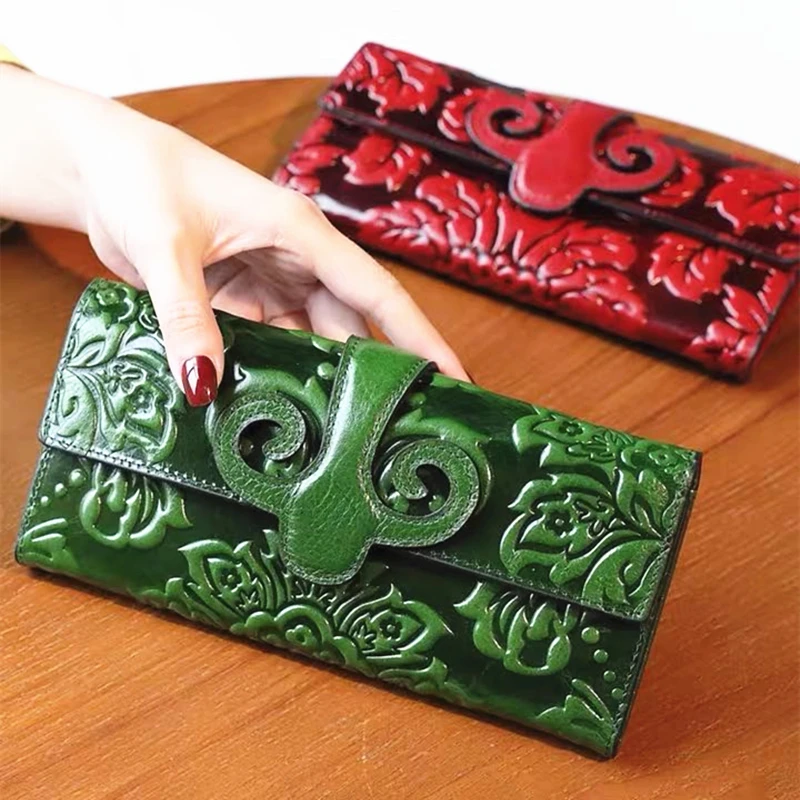 

Роскошный Дамский кожаный удлиненный кошелек с 3D цветочным узором, винтажная кожаная сумка с тиснением для денег, женский клатч, высокое ка...