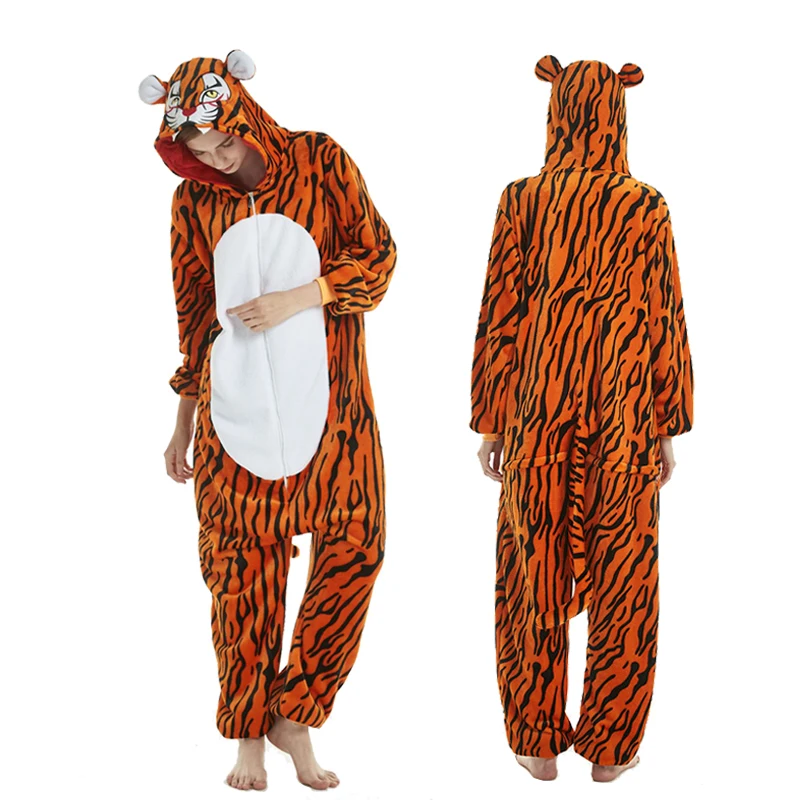 Tiger Пижамы с единорогом Kigurumi, зима, для взрослых, Ститч, Лев, тигр, комбинезоны, одежда для сна, комплекты с единорогом, для женщин, мужчин, унисекс, фланелевые комбинезоны - Цвет: Tiger