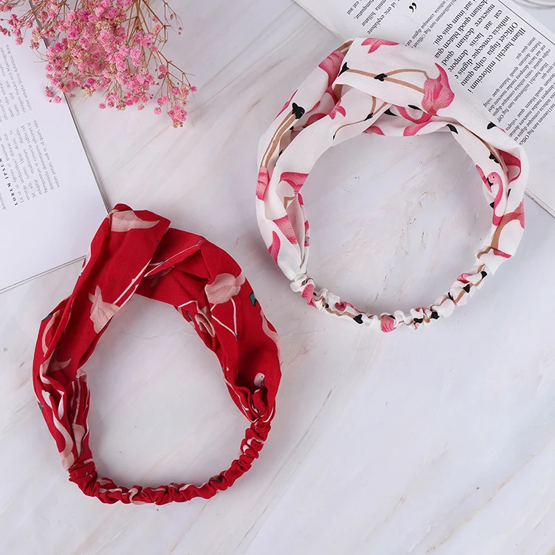 Женская шифоновая повязка на голову широкая с мультяшным фламинго тюрбан