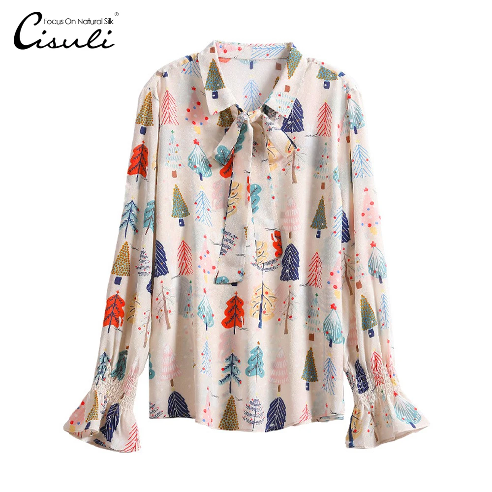 

CISULI 100%Silk Crepe Women Shirt Kawaii Printed Blouse Femme Long Sleeve Bluzki New Desigual 2019 Womens Clothing/dames kleding