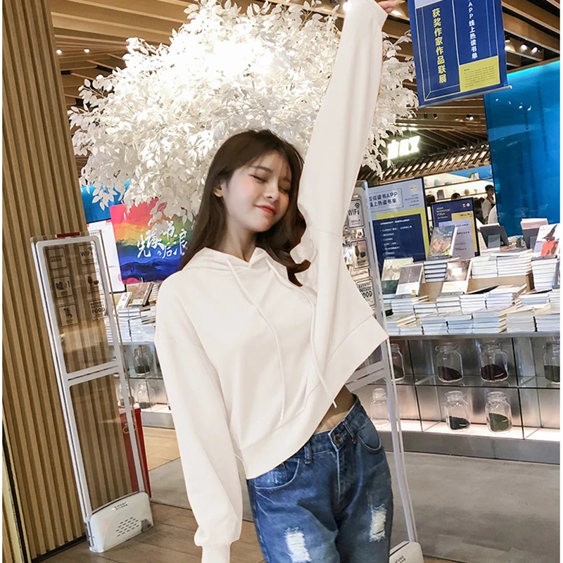 

Fashion Street Hooded Sweatshirt for Women Autumn and Winter New Casual Solid Color Short Pullover Simple Harajuku Hip Hop Top