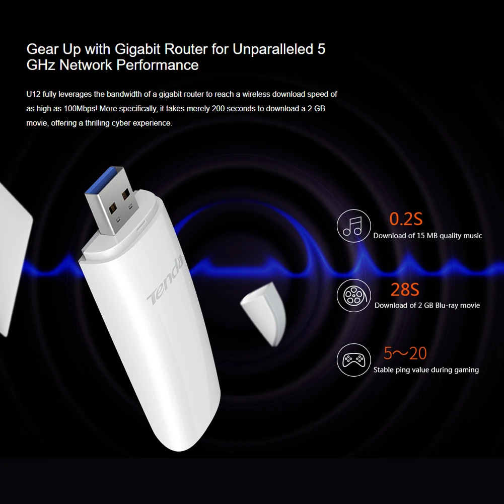 

Tenda U12 2.4GHz 5GHz Network Card Dual Band USB 3.0 WiFi Wireless Receiver