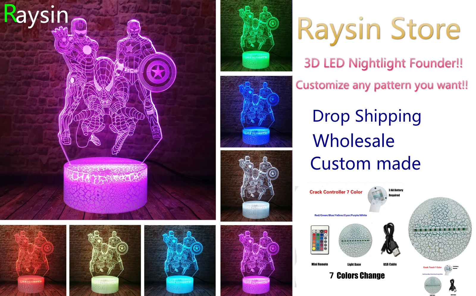 Marvel Comics Iron Man Spiderman Captain America Avengers Endgame Hero 7 Color Changing Led Night Light Child Kids Xmas Toy Gift | Освещение