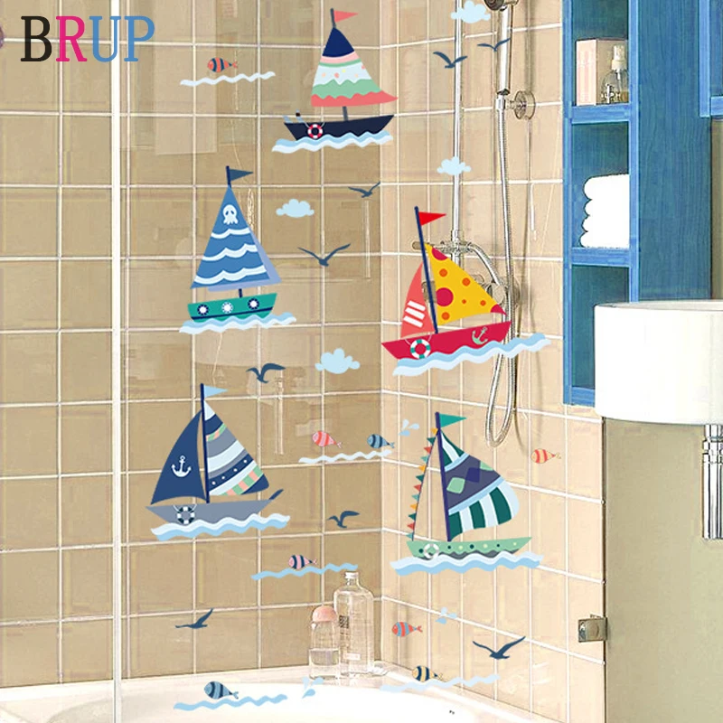 Мультфильм парусник настенные наклейки для ванной комнаты морские чайки
