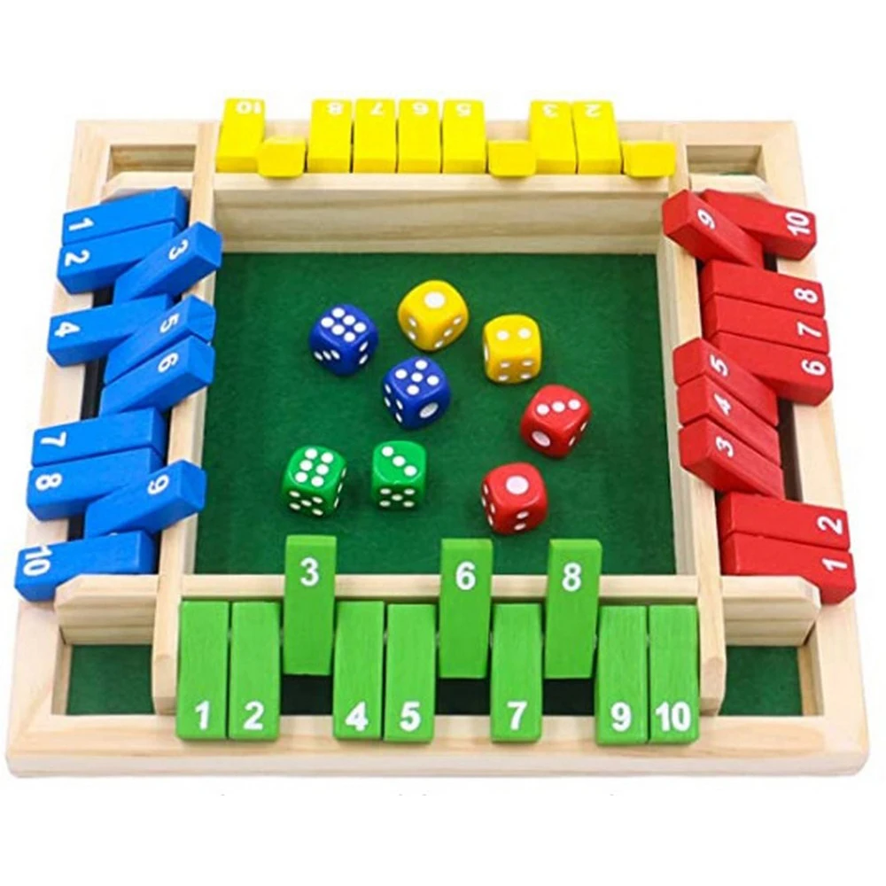 

Deluxe Four Sided 10 Numbers Shut The Box Wooden Board Game Set Dice Party Club Drinking Flips Puzzle Games For Adults Families