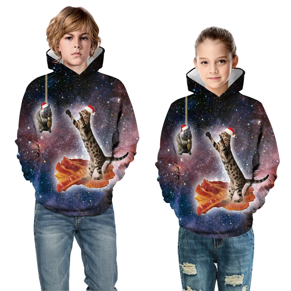 

Cute Cat Print Parent-child Hooded Loose Spring and Autumn Long Sleeve Pullover Sweatshirt Family Matching Clothes